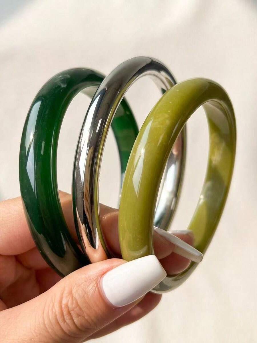3件組復古藝術樹脂大理石紋女士手鍊,個性化幾何圓形樹脂手鐲 - 多色B - 查看 1