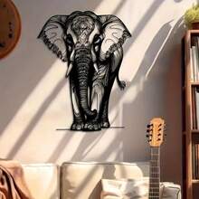 1 pieza Arte de pared de elefante de hierro hecho a mano con diseño floral bohemio, decoración del hogar de metal duradero, fácil de instalar - Negro - Ver 1