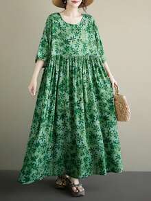 Halloween Elegant Ball Women's Plus Size Green Floral A-Line Long Dress, Batwing Sleeve Short Sleeve, Spring/Summer Casual Loose Long Dress Vacation - Green - View 5