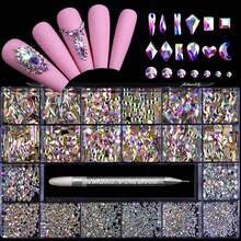 21 Grids Nail Art Flatback Rhinestone Set, 2500 Pcs Round Rhinestone & 600 Pcs Flatback Asymmetrical Shape Rhinestone With Glue Applicator And Storage Box For Nail Diy Decoration Nail Charms Nail Gems Nail Supplies - 彩色 - 查看 5