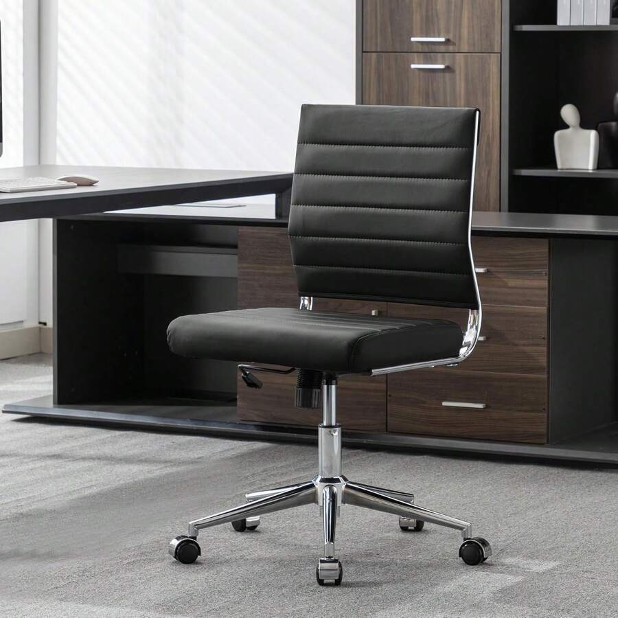 Armless Office Desk Chair, Mid Back Leather Conference Room Chairs Without Armrests, Modern Office Chair Ribbed. Variant 1 - Black - View 1