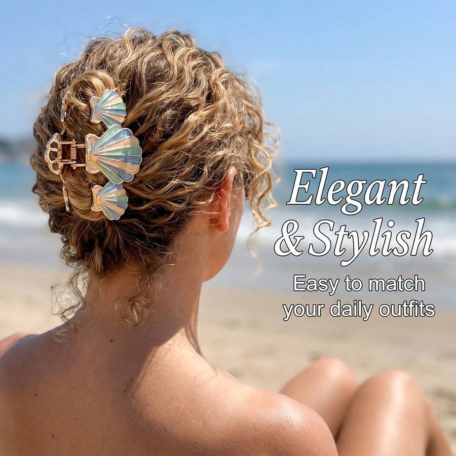Gradient Enamel Shell Claw Clip, Gold-Rimmed Scallop Shaped Hair Claw, Ocean Style Back-Of-Head Hair Claw, Sturdy Updo, Beach Vacation Photo Daily Fresh Hair Accessory - Gradient Hair Clip - View 1