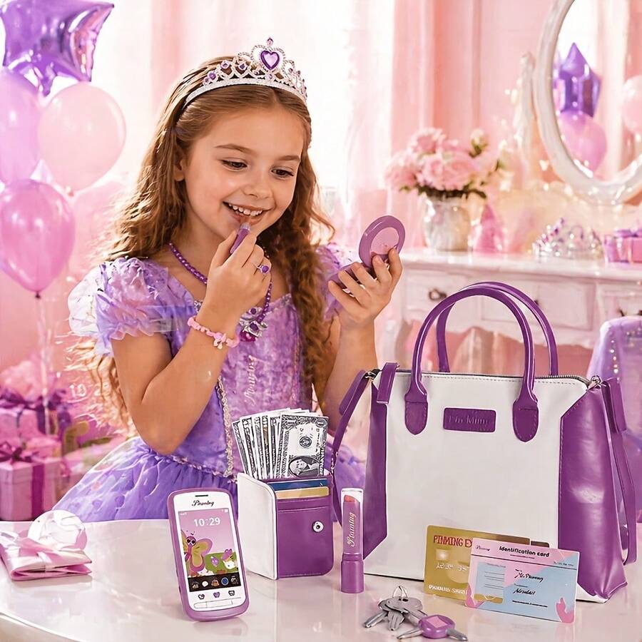 Little Girls Princess Pretend Play Purse Handbag Set, Fashion Role Play Toy Kit With Pretend Makeup, Wallet, Cell Phone, Keys, Fake Credit Cards, Cute Birthday Holiday Gift For Kids - Multicolor - View 1