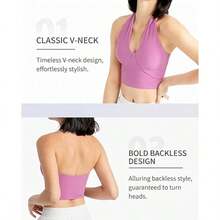 Sutiã esportivo feminino sem costas com decote em V, top cropped acolchoado canelado sem costura, top regata sexy com decote em V para mulheres, adequado para ioga, academia e fitness. - Cor de damasco ao leite - Visão 2