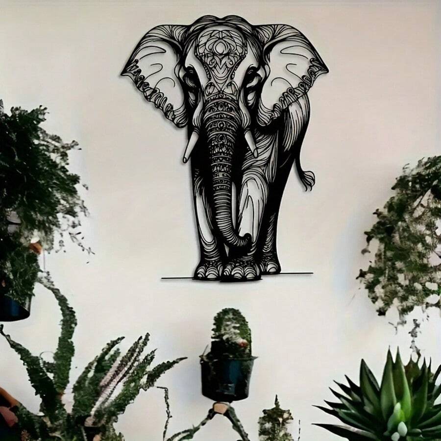 1pc Handmade Iron Elephant Wall Art With Bohemian Floral Design, Durable Metal Home Decor, Easy To Install - Black - View 1