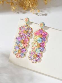 1 Pair Bohemian Beach Vacation Style Handmade Woven Raffia Gradient Color Six-Petal Flower Multi-Layer Tassel Earrings Suitable For Women's Daily, Vacation, Party Wear - Mixed Color - View 3