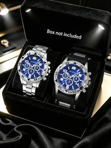 2pcs/Set Men's Silver Luxury Watch Set, Blue Dial With Digital Scale Three-Eye Silver Watch, Paired With Stainless Steel Band And Black Silicone Strap, Bold And Elegant Men's Accessory, Fresh For Summer, Suitable For Valentine's Day, Birthday, Father's Day As Luxury Gift For Boyfriend, Son - Multicolor - View 1