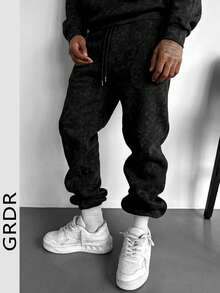 GRDR Vintage Distressed Dark Pattern Tapered Cuffed Sweatpants, Casual Commute Versatile Elastic Waist Sports Pants - Black - View 5