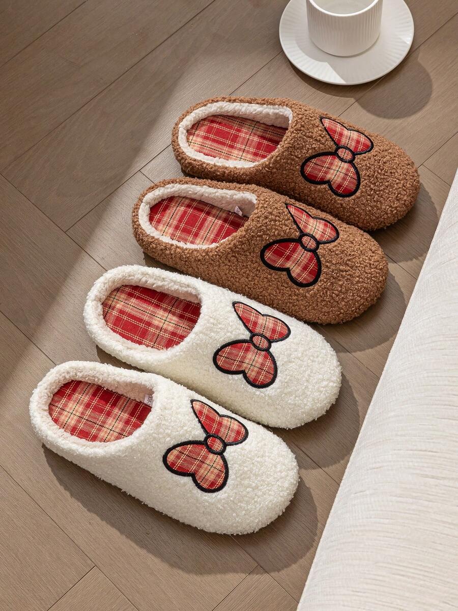 Unisex Silent Soft Sole Home Slippers, All-Season Butterfly Embroidered Plush Lining Quiet Indoor Slippers For Bedroom, Living Room, Casual Home Wear, Closed-Toe - Coffee Brown - View 1