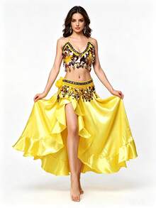 Sequin Spaghetti Strap Collar + Flowing Dance Skirt Inner Layer + Coin Tassel Waist Chain - Belly Dance Performance Festival Decorative Costume - Multicolor - View 5