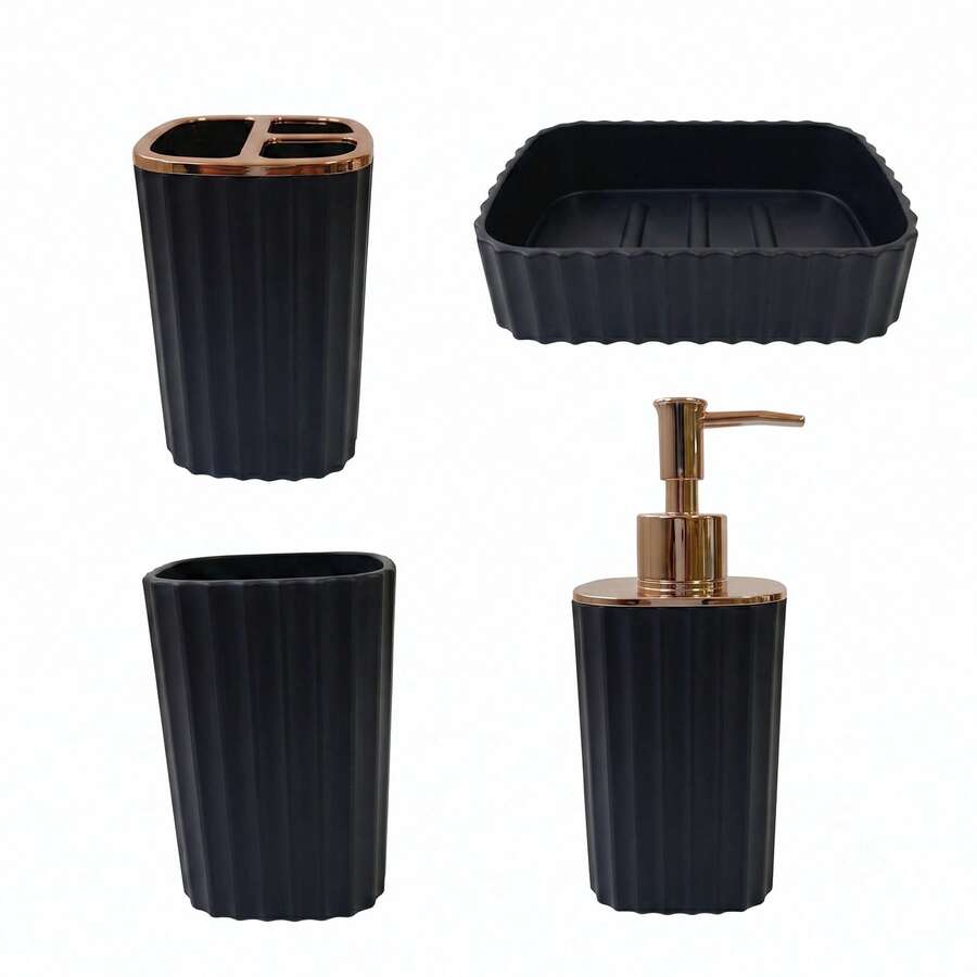 Juego De Accesorios Baño 4 Pzs Dispensador Colores Textura, Set de Contenedores para Baño - Negro - Ver 1