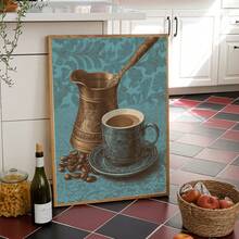 1pc Framed Canvas Wall Art, Vintage Turkish Coffee Cup And Coffee Beans Canvas Painting, Retro Blue Kitchen Decor, Atmospheric Cafe Home Wall Art, Suitable For Modern Home Decor, Room Decor, Dorm Decor, Bedroom Decor, Bathroom Decor, Kitchen Decor, Dining Room Decor, Living Room Decor, Office Decor, School Decor, Classroom Decor, Back To School Decor, Autumn Decor, Autumn Poster, Waterproof Poster, Great Gift - Multicolor - View 11