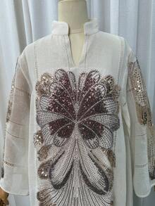 亮片刺繡 Abaya 長袍,立領長袖端莊 Kaftan,杜拜奢華版齋月晚宴禮服長袍,適合開齋節、齋月、婚禮派對 - 杏色 - 查看 9