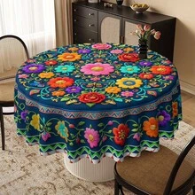 Round Tablecloth, Table Cover, Round Table Cover, Floral Pattern Multicolor Design, Suitable For Birthday, Wedding, Anniversary, Graduation, Housewarming, Party, Picnic, Gathering, Holiday, Vacation. Ideal For Home, Restaurant, Kitchen, Dining Table, Coffee Table, Desk Decoration - Round - View 1