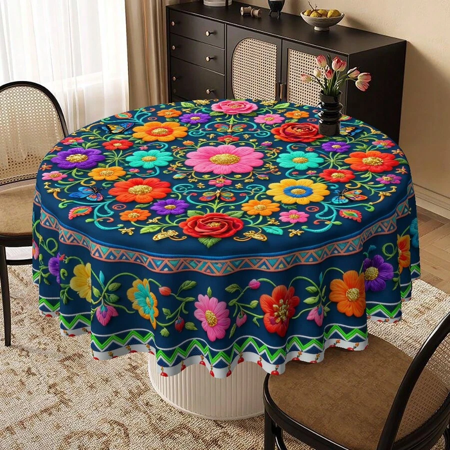 Round Tablecloth, Table Cover, Round Table Cover, Floral Pattern Multicolor Design, Suitable For Birthday, Wedding, Anniversary, Graduation, Housewarming, Party, Picnic, Gathering, Holiday, Vacation. Ideal For Home, Restaurant, Kitchen, Dining Table, Coffee Table, Desk Decoration - Round - View 1