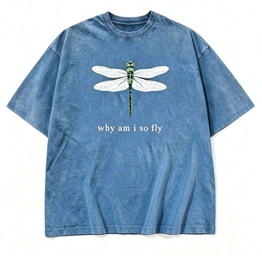 100% Cotton Geographic Inspired Dragonfly Graphic Baby T Shirt For Men And Women | Exquisite Design | Loose And Comfortable | Shirts Y2k - 水洗藍色 - 查看 1