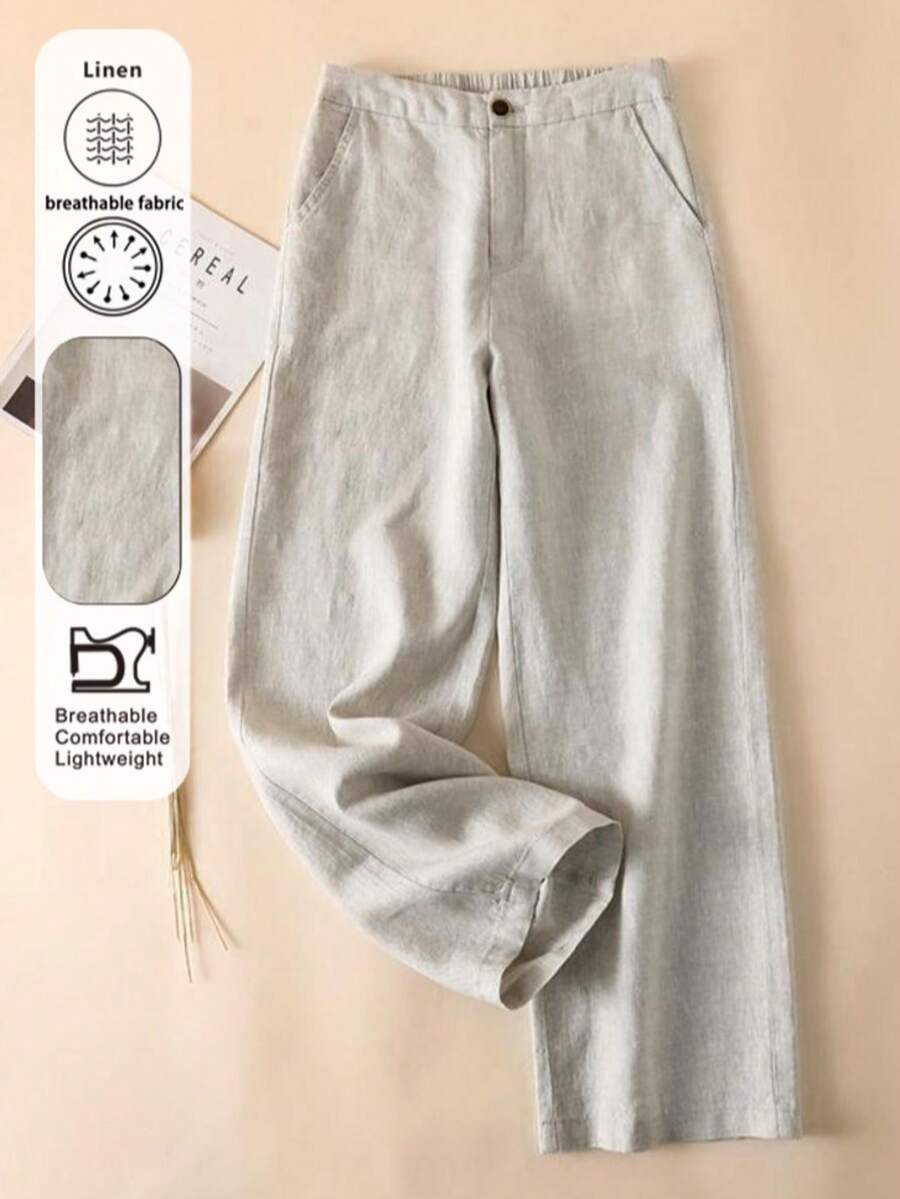 Celana Kasual Wanita yang Nyaman, Terbuat dari Kain Linen Lembut yang Bernapas, Cocok untuk Pakaian Sehari-hari di Rumah dan Saat Liburan - Light Grey - View 1