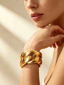 VceTd 1PC Women's Vintage Style Stainless Steel Open Cuff Bracelet With Large Chain Link Twisted Hollow Design, Suitable For Daily Wear, Vacation Or Holiday Gift For Friends - Yellow Gold - View 5