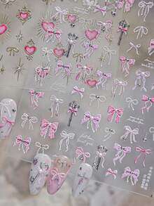 1 Sheet Of Crystal Diamond Pink White Bow Nail Art Stickers, Self-Adhesive DIY Nail Decorations Featuring 3D Embossed Gradient Ribbon Bows, Pearl Chains, Metal Heart Pendants, Mini Silver Rhinestones And Cursive English Lettering - Multicolor - View 2