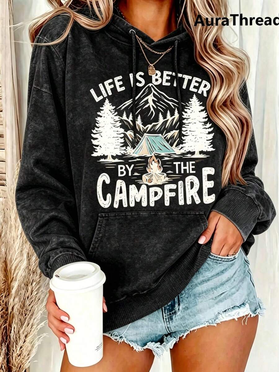 Suéter Gráfico de Campamento para Mujer La Vida es Mejor Junto a la de Montaña y Árbol de Pino Suéter Cálido de Cuello Redondo para Otoño e Invierno Elasticidad Media Suéter Casual Lavable - Negro 2 - Ver 1