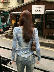 1 buah Kaos Lengan Panjang Jala Bermotif untuk Wanita, Cocok untuk Pakaian Kasual Musim Gugur, Atasan Tipis Pas Badan dengan Desain Asimetris dan Detail Kerut di Samping - Biru - View 4