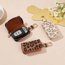 Personalized Multicolor Leopard Print Zipper Key Case Car Key Pouch Unisex Car Key Storage Bag Creative Leopard Print Leather Pendant Keychain - A - View 6