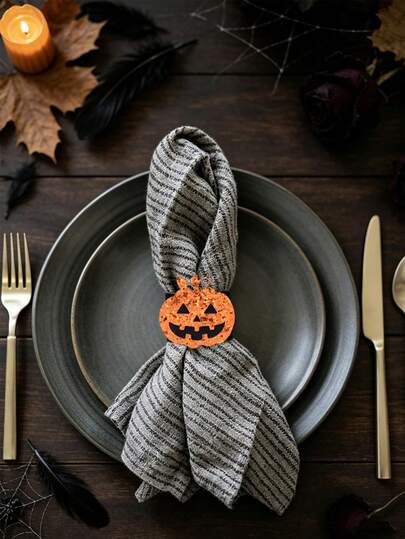 12/6/1pc Halloween Glitter Pumpkin Leather Napkin Rings, Reusable Snap Napkin Holders, Holiday Table Decor Napkin Straps, Farmhouse Style Dinner Table Centerpiece Decoration, Suitable For Halloween Party Home Kitchen Dining Table Tableware Accessories