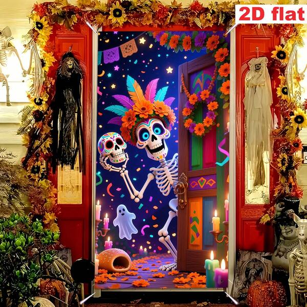 1pc Halloween-Themed Party Door Poster, Mexican Cultural Festival Theme Decoration, Mexican Halloween Party Decoration Door Cover, Suitable For The Front Door, Festival Decoration Curtain