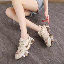 Women's Thick Sole Rhinestone Chunky Sneakers, Spring/Autumn New Style, Full Rhinestone Decor, Breathable Heavy-Duty Street Style Mesh Inlaid Rhinestone Niche Design Height-Increasing Fashion Sports Casual Shoes - Khaki - View 7