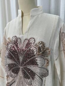 亮片刺繡 Abaya 長袍,立領長袖端莊 Kaftan,杜拜奢華版齋月晚宴禮服長袍,適合開齋節、齋月、婚禮派對 - 杏色 - 查看 10