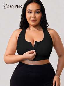 EMUPER 1件装黑色前拉链无缝镂空运动内衣文胸，宽肩带加大码女士无钢圈内衣文胸 - 黑色 - 查看 1