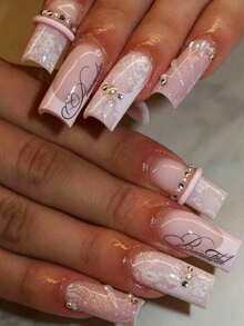 24pcs Soft Nude Pink Lace Letter Rectangle Press-On Nails With French Pearl & Rhinestone Decor, Suitable For Date/Commute/Mature Women, Includes 1pc Jelly Glue And 1pc Nail File - Light Grey - View 1