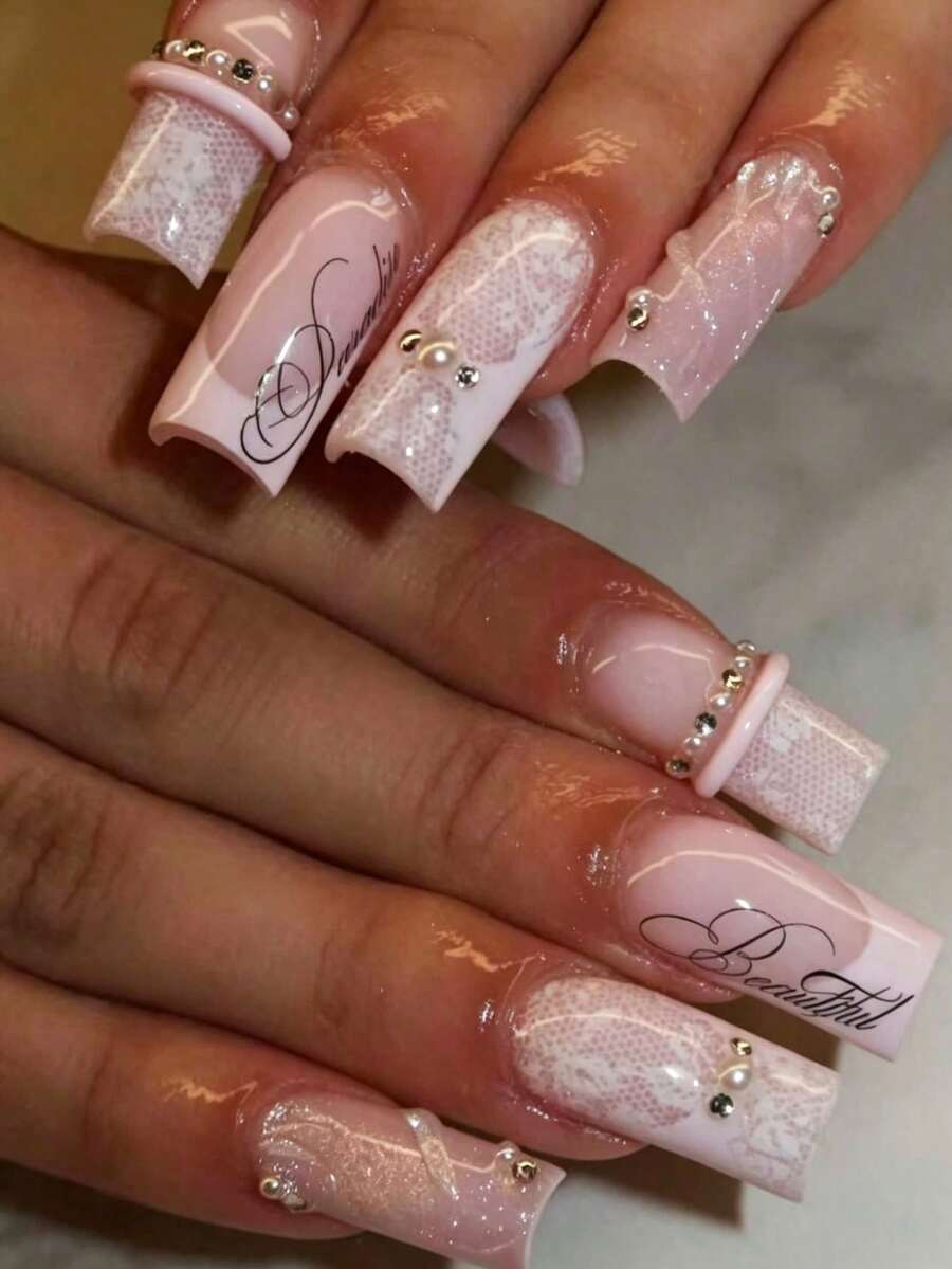 24pcs Soft Nude Pink Lace Letter Rectangle Press-On Nails With French Pearl & Rhinestone Decor, Suitable For Date/Commute/Mature Women, Includes 1pc Jelly Glue And 1pc Nail File - Light Grey - View 1