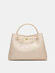 Stone Texture Shoulder Handbag With Metal Rope Buckle, Niche Design Large Capacity Crossbody Bag - Beige - View 2