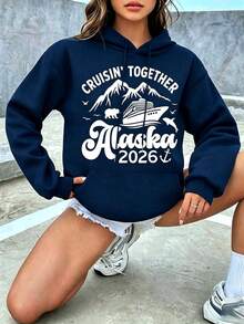 Women Hooded Sweatshirt Cruisin Together Alaska 2026 Cruise Ship Mountains Bear And Dolphin Print For Vacation Travel Summer Holidayprinted Sweatshirt - 藏蓝色 - 查看 8