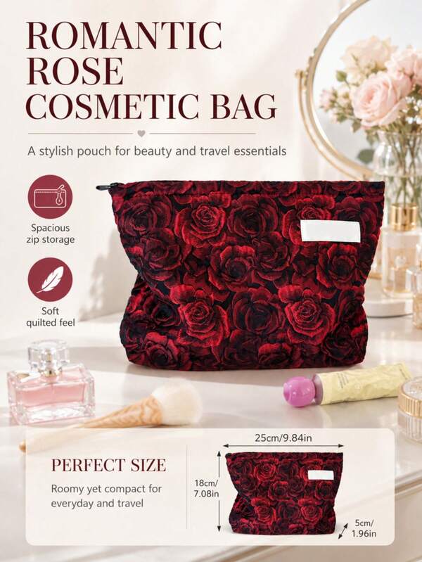 1pc Vintage Red Rose Large Makeup Bag, Women's Inner Bag, Portable Travel Toiletry Bag, Handbag, Multi-Functional Skincare Storage Bag, Women's Sanitary Pad Storage Bag, Gift For Mom Or Girlfriend, Student Pencil Case, Valentine's Day Gift