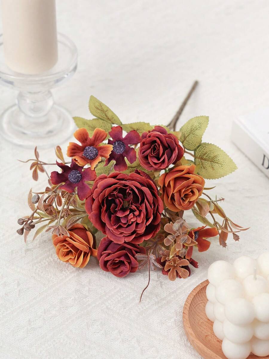 1件/3件 人造玫瑰花束,絲綢雛菊與蒲公英花,婚禮家居派對裝飾,桌面中心花藝素材 - 亮橙色 - 查看 1