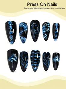 Decorate Your Halloween With Nail Art! 24pcs Almond Shaped Spooky Dark Style Blue & Black Contrast Skull Flower Design Halloween Nail Stickers, Fashionable Vintage Blue Butterfly Rose Skeleton Pattern Y2K Punk Style Almond Shaped Nail Patches, Includes 1pc Jelly Glue And 1pc Nail File (Jelly Glue Randomly Shipped), Suitable For Women And Girls As Halloween Gifts, Can Be Used For Parties, Gatherings And Other Occasions - Multicolor - View 3