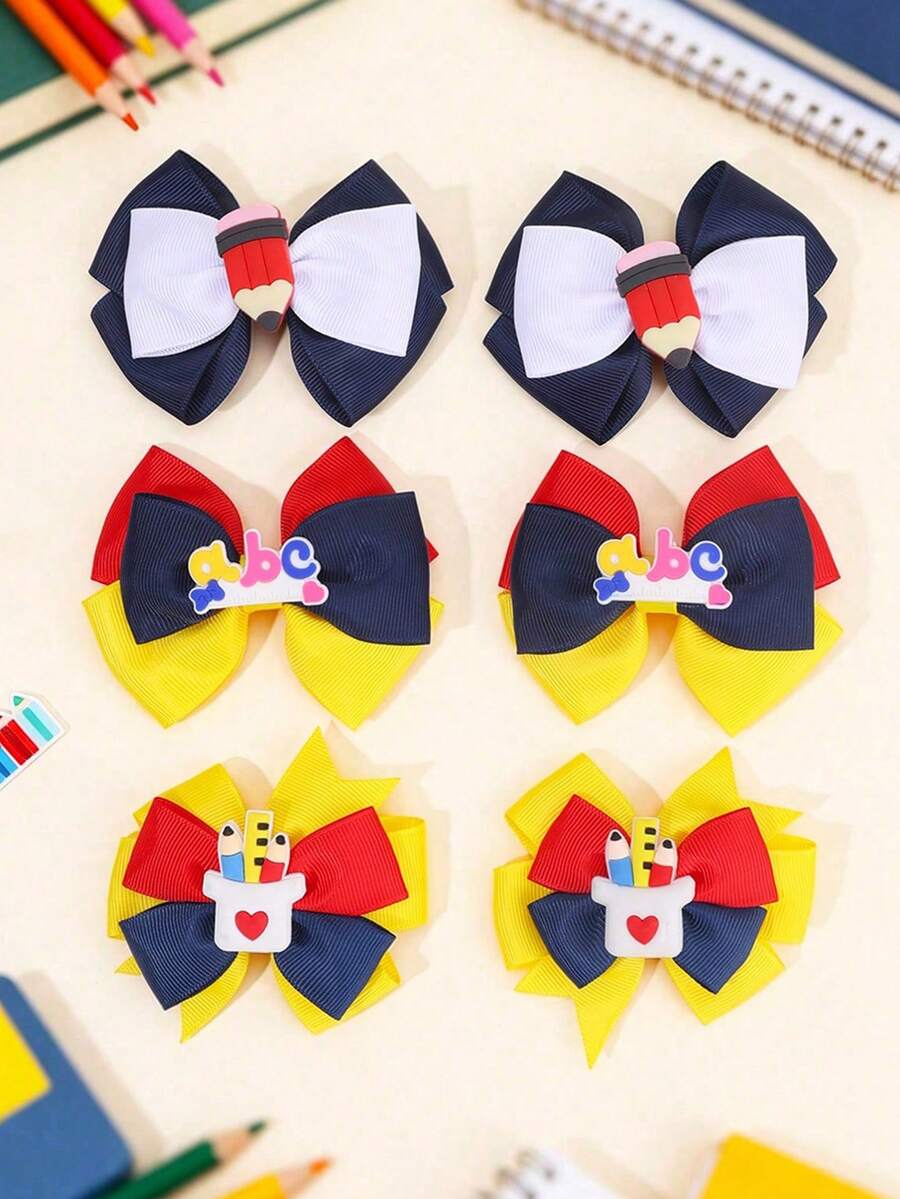6/2pcs Back To School Pencil Hair Bows,Yellow Blue Heart Letter Bow Hair Clips,Pinwheel Alligator Clip,Cute Hair Accessories For Girls Gift,Daily - Multicolor - View 1