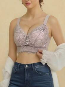 法式性感蕾絲內衣女款 薄款全罩杯舒適大胸顯小胸罩 側收平滑 防下垂 聚攏可調節胸罩 - 紫丁香色 - 查看 2
