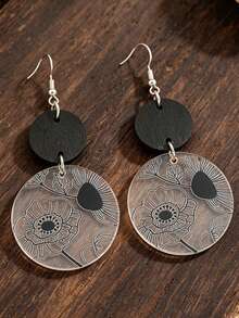 1 Pair Vintage Floral Double Layer Round Disc Earrings, Black Wooden Slice & Transparent Acrylic Printed Versatile Earrings - Black - View 4