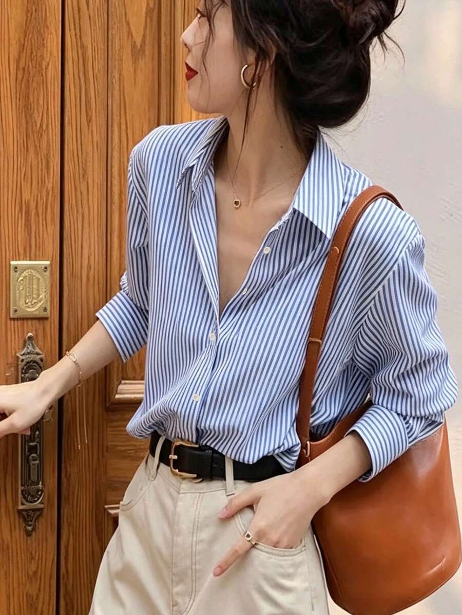 Women's Blue & White Striped Long Sleeve Shirt Collar Blouse, Collegiate Style Polyester Top, Autumn Fashion Choice