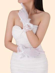 1 par de guantes sin dedos de encaje y malla para mujer, estilo gótico, protección solar transpirable de verano, guantes de encaje con lazo de estética oscura, guantes de tul para boda, guantes de encaje con ribete estilo Lolita - A - Ver 6