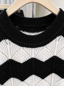 Slouchy Casual Loose Hollow Knit Top Contrast Color Striped Long Sleeve Crew Neck Pullover Black - Black - View 3
