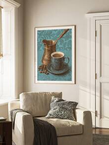 1pc Framed Canvas Wall Art, Vintage Turkish Coffee Cup And Coffee Beans Canvas Painting, Retro Blue Kitchen Decor, Atmospheric Cafe Home Wall Art, Suitable For Modern Home Decor, Room Decor, Dorm Decor, Bedroom Decor, Bathroom Decor, Kitchen Decor, Dining Room Decor, Living Room Decor, Office Decor, School Decor, Classroom Decor, Back To School Decor, Autumn Decor, Autumn Poster, Waterproof Poster, Great Gift - Multicolor - View 9