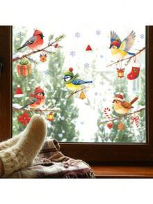 1pc Multi-Needle Knit Hat Bird Christmas Tree Branch Decoration Snowflake Static Window Sticker Removable Reusable Glass Sticker Suitable For Home Store Christmas Winter Holiday Decoration - Multi-knitted Hat Bird - View 5