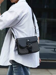 Vintage Printed Patchwork Men's Flap Crossbody Small Bag, Functional Buckle Design, Waterproof & Wear-Resistant Fabric For Rainy Days, Wide Adjustable Shoulder Strap With Pressure Relief, Large Capacity Layered Storage For Phone & Keys, Street Commute Workwear Style Versatile, Lightweight Premium One Shoulder Square Bag, Student & Youth Daily Carry Bag For Work, School, Shopping, Vacation, Travel - Multicolor - View 3