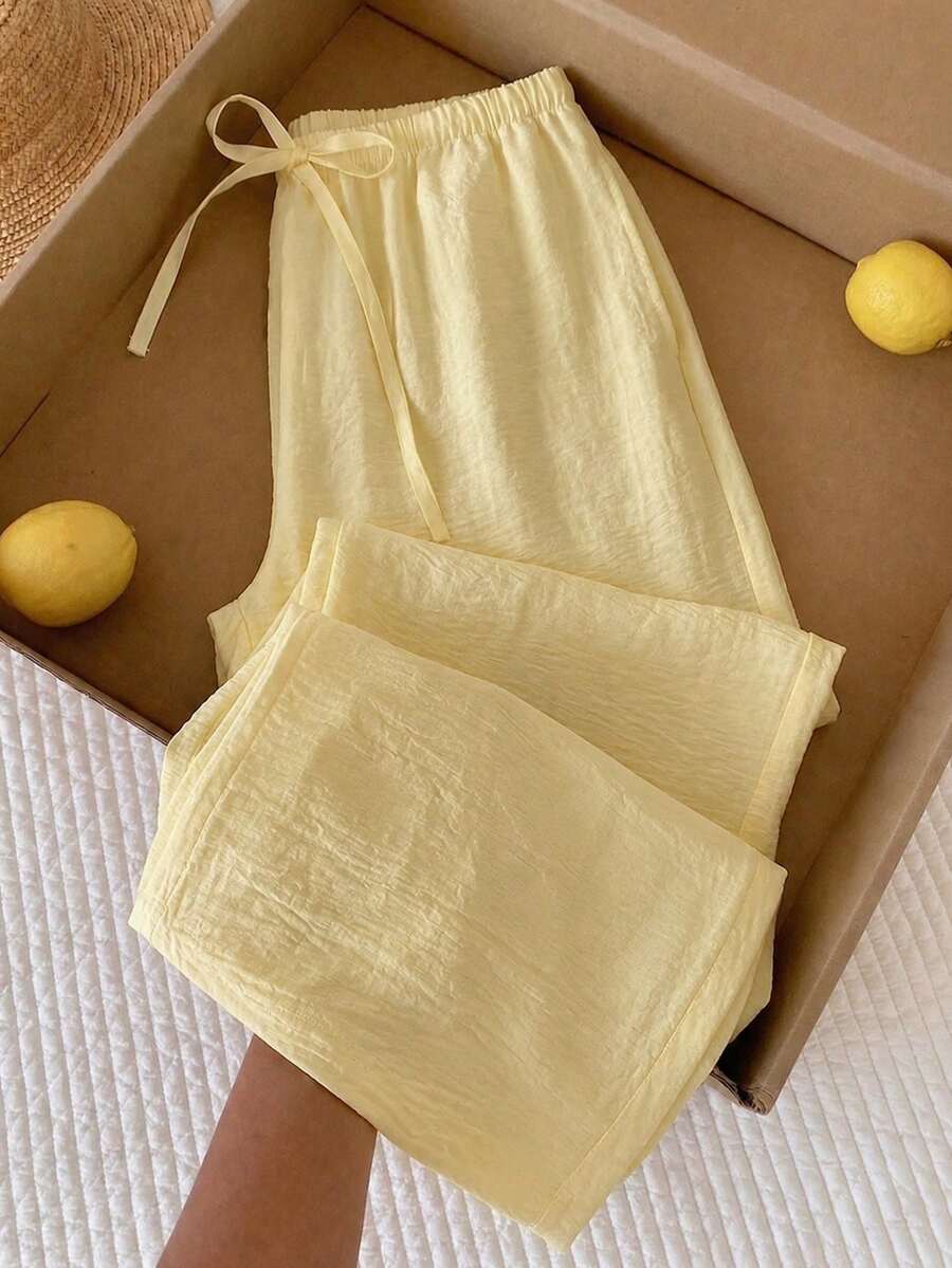 Women's Summer Wide Leg Pants With Elastic Waist And Drawstring, Loose Drapey Casual Lightweight Breathable Slouchy Long Pants - Light Yellow - View 1