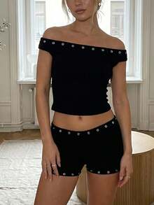 Women Summer Matching Set Off The Shoulder Studded Short Sleeve Top And Low Rise Micro Shorts 2 Piece Lounge Set - 黑色 - 查看 3