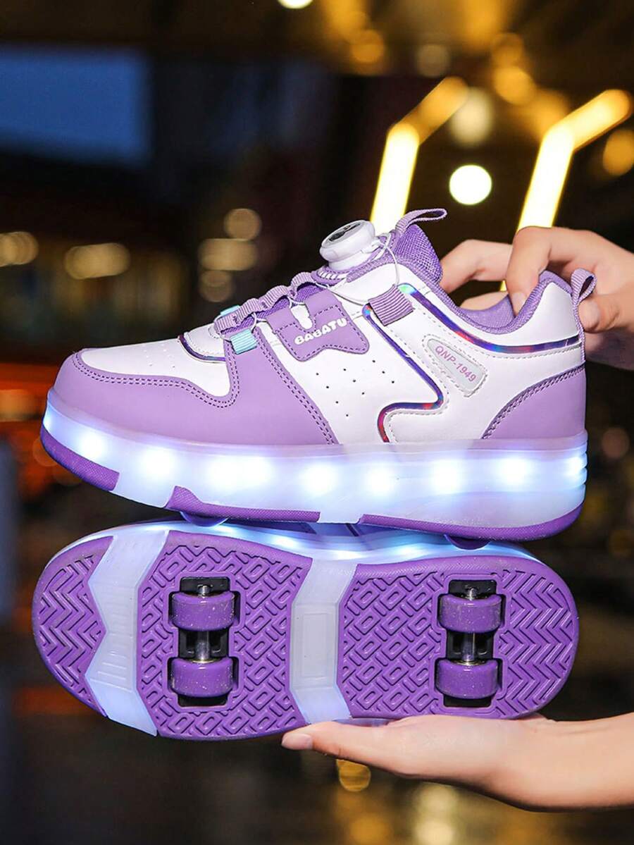 Girls 4-Wheel Roller Shoes, New Style Children's Roller Sports Shoes, Fashionable Rotating Buckle Adjustable Roller Skates, PU Leather Lightweight Durable Hidden Roller Shoes, All-Season LED Light-Up Shoes, USB Rechargeable With Light Switch, Detachable Wheels, 2-In-1 Roller Skates, Inline Skates, Sports Shoes With Wheels - Purple - View 1